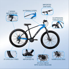 CROW Black Ninja | 21 Speed Geared MTB Cycle| 27.5" Inch Mountain Bike | 27.5 * 2.4 Tires | DISC Brakes | Suspension Fork | Hitensile Steel Frame | for 15+ Years Men/Boys/Girls,
