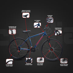 CRADIAC Spark 21 Speed | 18.5 INCH HI-TENSILE Steel Frame | 700C T Hybrid Bike | Front Suspension | Dual DISC