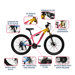 CROW Rookie 24 Speed | 27.5" Mountain Bicycle for Men with Down Hill Suspension Fork | Jak Dual disc Brakes | 24 Speed Gear Cycle for Boys with 5.4 to 5.8FT |