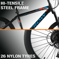 CROW Globetrotter 7 Speed MTB, 26 Inch Steel Geared High Performance Mountain Cycle for Men with Front Suspension & Dual disc Brakes | Ideal for 12+ Years, Unisex, Frame Size - 18.5 Inch