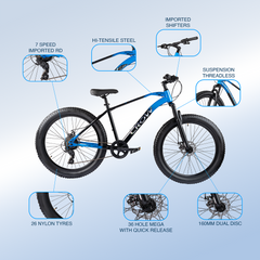 CROW Black Ninja Fat | 7 Speed Geared MTB Cycle| 26" Inch Mountain Bike | 26 * 300 Fat Tires | DISC Brakes | Suspension Fork | Hitensile Steel Frame | for 15+ Years Men/Boys/Girls,
