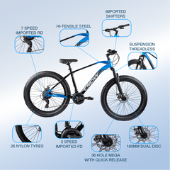 CROW Black Ninja Fat | 21 Speed Geared MTB Cycle| 26" Inch Mountain Bike | 26 * 300 Fat Tires | DISC Brakes | Suspension Fork | Hitensile Steel Frame | for 15+ Years Men/Boys/Girls,