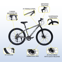 CROW - CROSS TRAK 7 Speed Gear Cycle for Boys |27.5" T Cycle for Boys 12 to 15 Years| Bicycle for Men Adult |MTB with Front Suspension & Dual disc Brakes | Unisex 27.5" INCH MTB