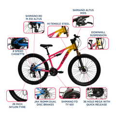 CROW - Rookie PRO 24 Speed | 26" Mountain Bicycle for Men with Down Hill Suspension Fork | Jak Dual disc Brakes | 24 Speed Gear Cycle for Boys with 5 to 5.4FT | 26 INCH Unisex MTB
