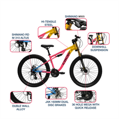 CROW Rookie 8 Speed | 27.5" Mountain Bicycle for Men with Dual Suspension Fork | Jak Dual disc Brakes | 8 Speed Gear Cycle for Boys with 5.4 to 5.8FT |
