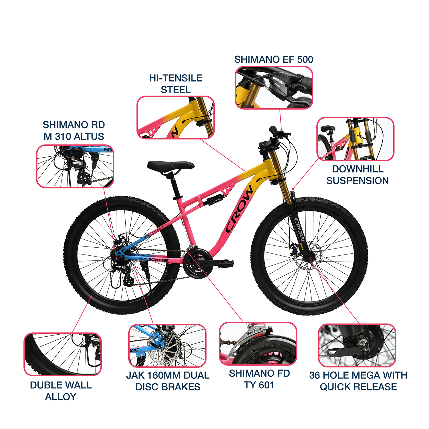 gear bike price CROW ROOKIE PRO 24 Speed | Dual Suspension gear cycle | SHIMANO CASETTE | 27.5" Mountain Bicycle for Men with Down Hill Suspension Fork