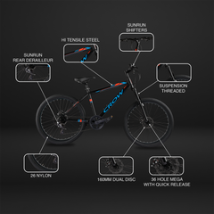 CROW Globetrotter 7 Speed MTB, 26 Inch Steel Geared High Performance Mountain Cycle for Men with Front Suspension & Dual disc Brakes | Ideal for 12+ Years, Unisex, Frame Size - 18.5 Inch