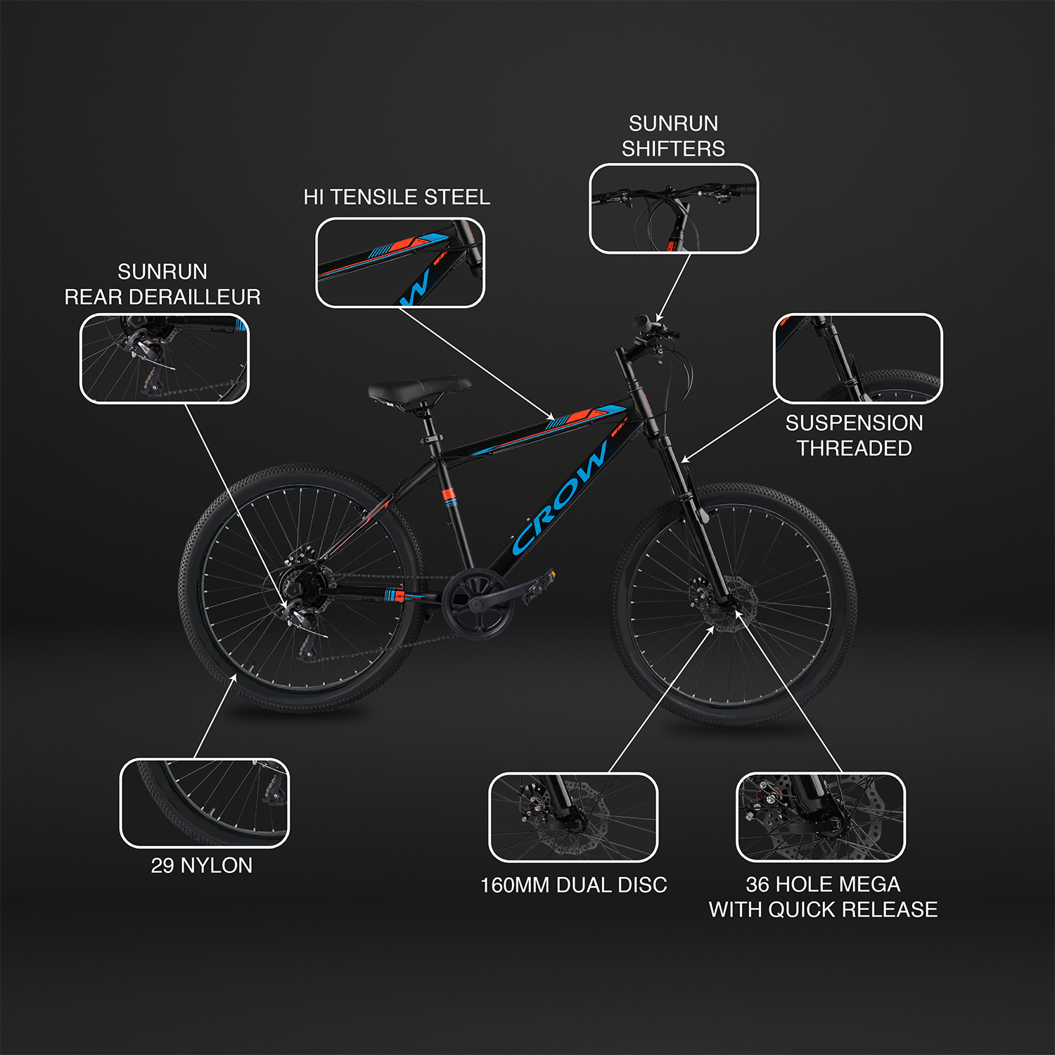 CROW Globetrotter 7 Speed MTB, 29 Inch Steel Geared High Performance Mountain Cycle for Men with Front Suspension & Dual disc Brakes