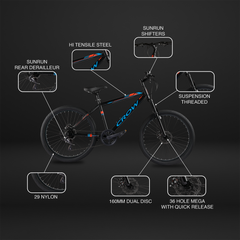 CROW Globetrotter 7 Speed MTB, 29 Inch Steel Geared High Performance Mountain Cycle for Men with Front Suspension & Dual disc Brakes | Ideal for 12+ Years, Unisex, Frame Size - 18.5 Inch