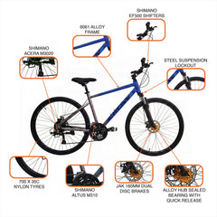 CROW - Rapide 21 Speed Gear Cycle for Boys | Aluminium Frame Hybrid Cycle 21 Geared Bicycle for Men with Lockout Suspension & Dual Disc Brake Hybrid Bike | for 15+ Years, Unisex Bicycle for Adults