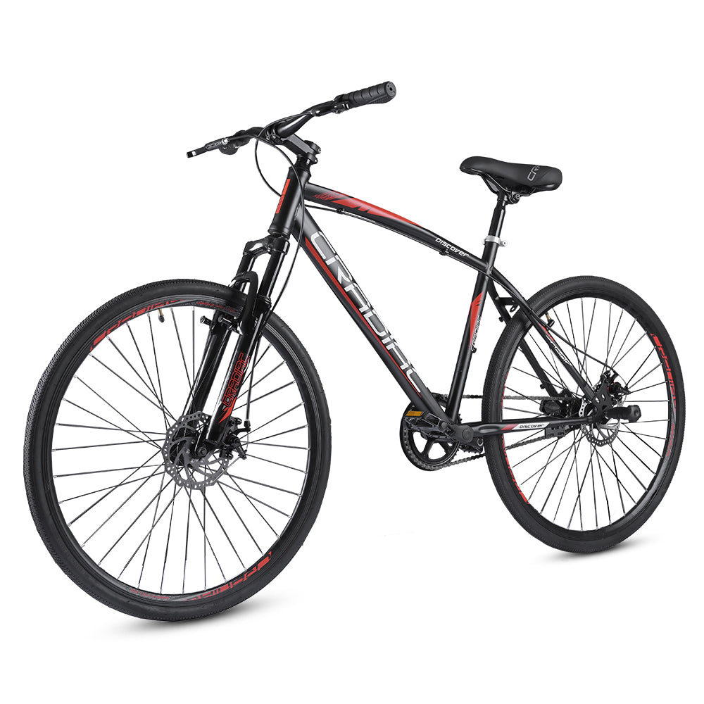 Cradiac Discover PRO Single Speed Steel High Performance Hybrid Cycles for Men with Front Suspension & Disc Brakes | Ideal for 15+ Years, Unisex, Frame Size : 18.5 Inch | 700 * 35C Tires