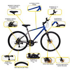 CROW - RAPIDE LITE 21 Speed Gear Cycle for Boys | Aluminium Frame Hybrid Cycle 21 Geared Bicycle for Men with Suspension & Dual Disc Brake Hybrid Bike | for 15+ Years, Unisex Bicycle for Adults
