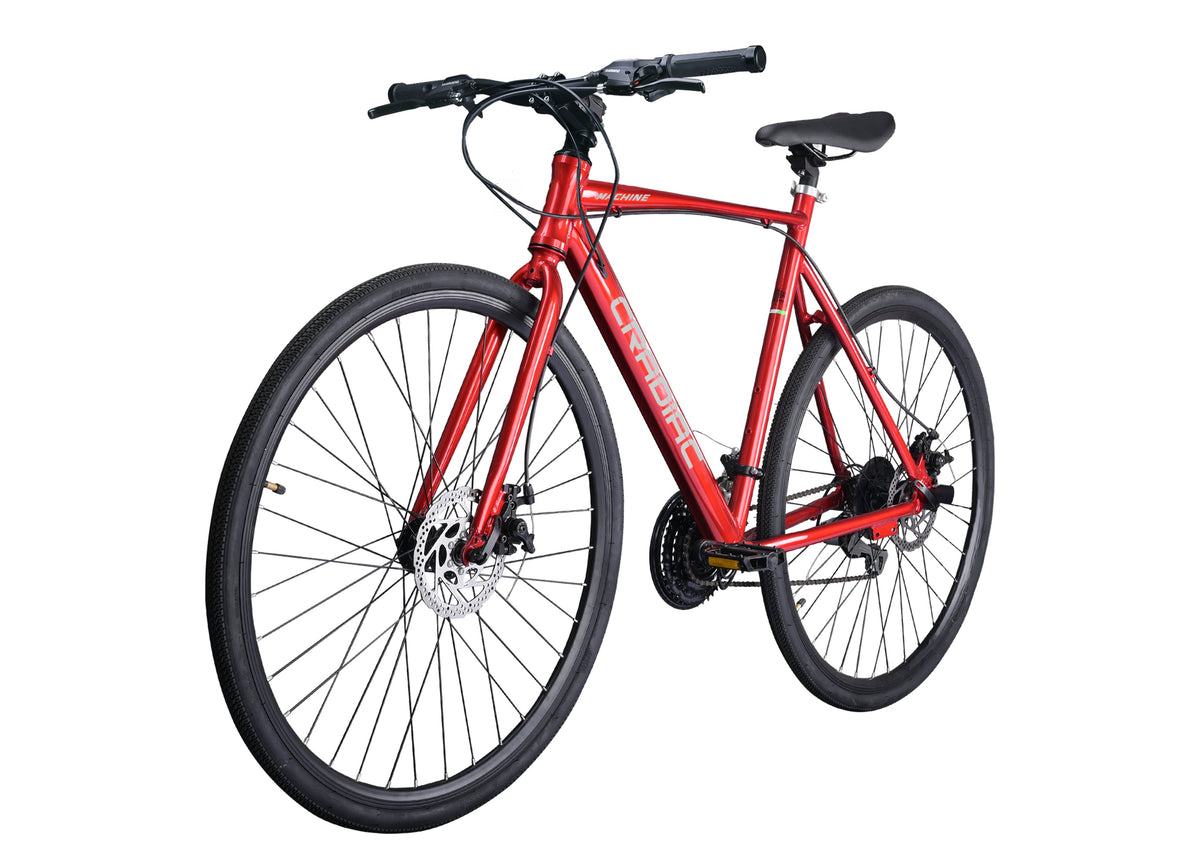 Cradiac Machine 21 Speed Aluminium Alloy Hybrid Cycle 21 Geared Bicycle for Men with Rigid Fork & Dual Disc Brake Hybrid Bike | Ideal for 15+ Years, Unisex, Frame Size : 19.5 Inch, Metalic Red